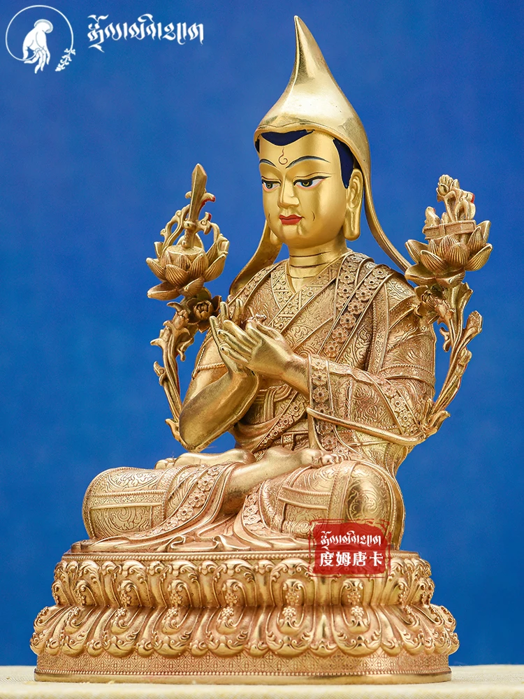 Tibetan pure copper gilt 1 foot 31cm Zong Kaba master Buddha statue, 7 inch bronze statue ornament dedicated to Tibetan tantra