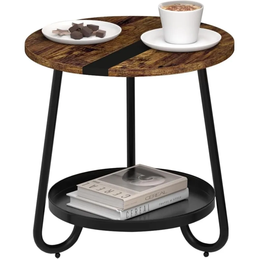 

Промышленный круглый журнальный столик с металлическим подносом, 2-уровневый деревенский коричневый деревянный стол для гостиной, спальни, балкона