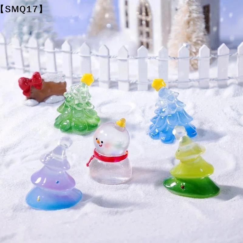 Mini Christmas Snowman And Tree Figurines Glossy Translucent Cute Design For Christmas Party Desktop Fairy Garden Decor【SMQ】