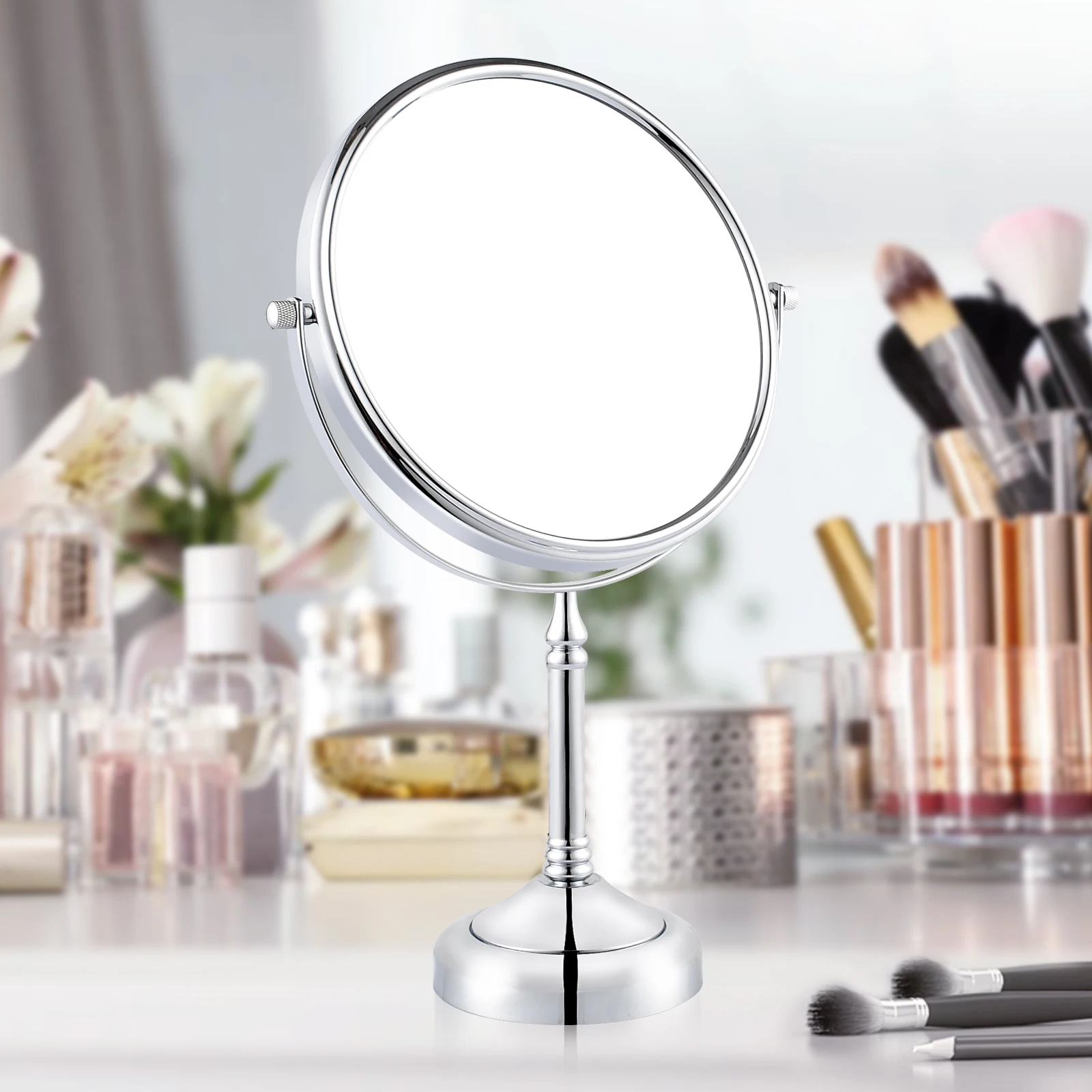 GURUN 8'' Tabletop Double Sided Standing Vanity Makeup Mirrors Solid Brass 360 Rotating Polished 10X Magnifying Vanity Mirror