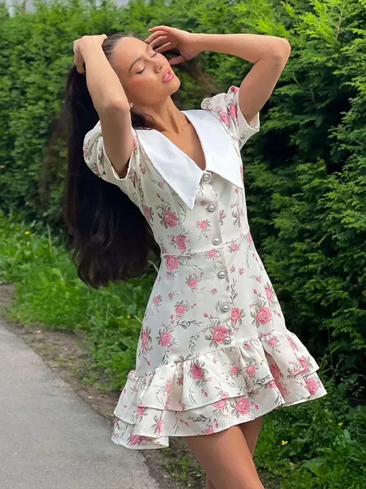 Sweet Printed V-neck Mini Vestido Women Elegant Slim Single Breasted Short Sleeve Pleated Dresses High Street Evening Party Wear