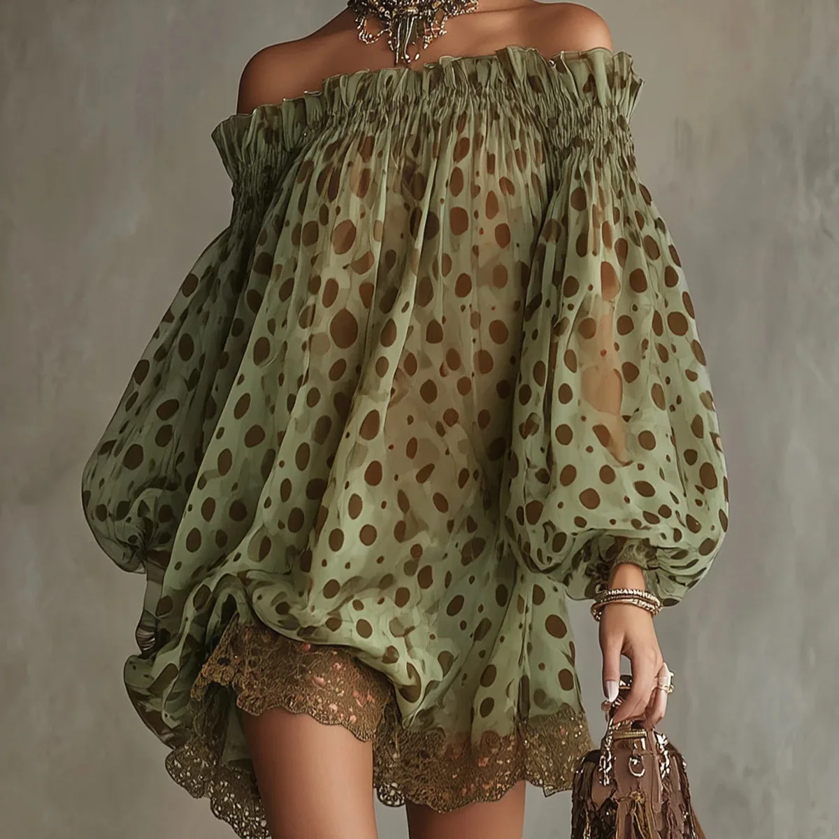 Green Polka Dot Shirt Women's Foreign Chiffon Shirt 2026 Spring New French Lace Top Dress