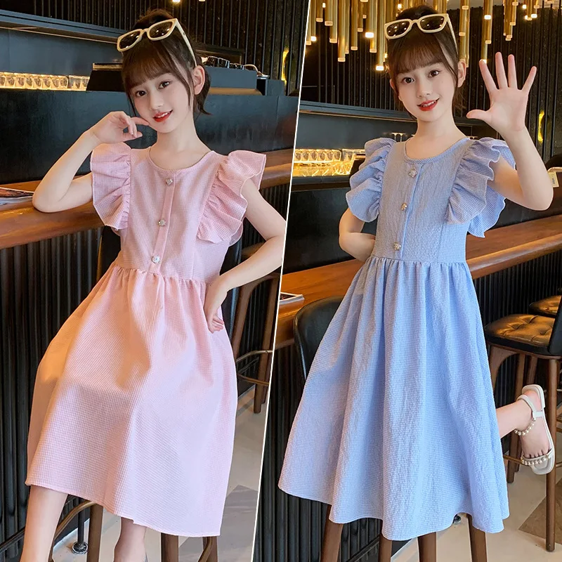 

2025 Korean Summer Elementary School Girl Dress Cotton Pastoral Style Petal Sleeve Dress Solid Button Junior Girl Dress