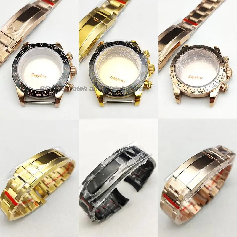 

39mm VK63 Watch Case Stainless Steel Strap Sapphire Glass for Daytona VK63 Quartz Chronograph Movement Accessories Replacements