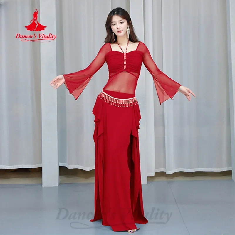 New Belly Dance Suit AB Stones Long Sleeve Top+Sexy Long Skirt 2pcs Adult Female Belly Dancing Professional Practice Clothes