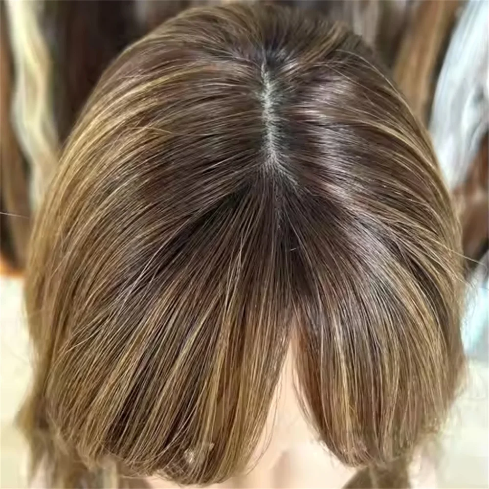 

Chocolate Brown Lace Wig with Bangs Caramel Blonde Highlights 13x4 Lace Front Wigs Synthetic Glueless Wig Natural Wave Realistic