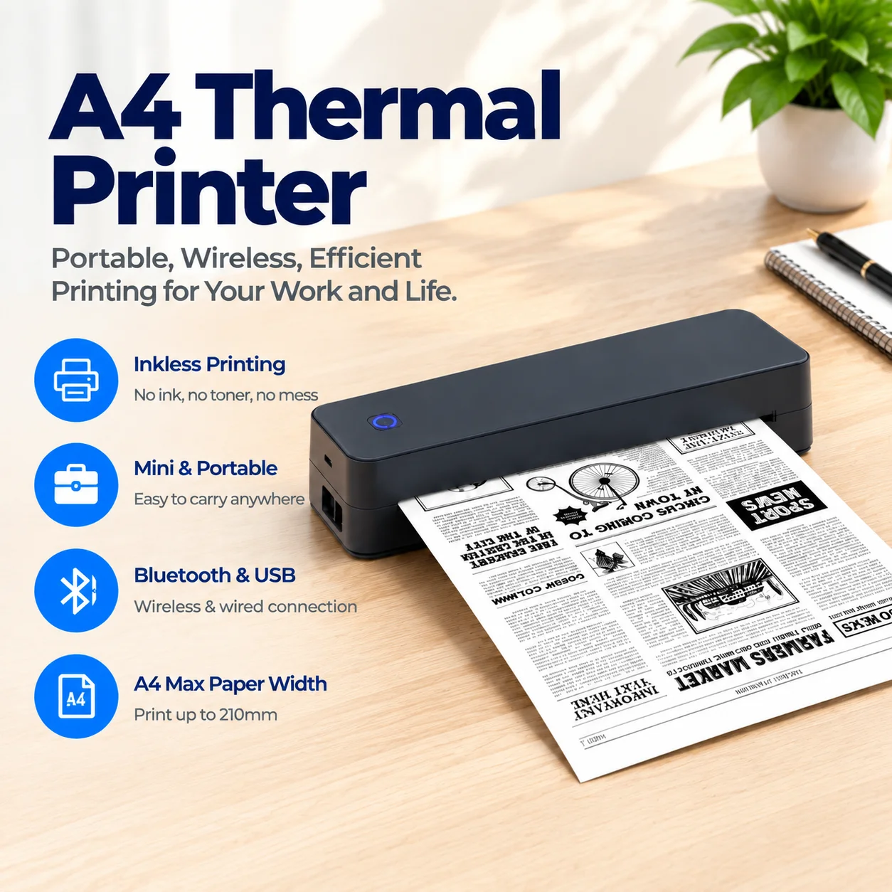 MT80 Portable Bluetooth Thermal Printer Wireless Inkless A4 Document Tattoo Stencil Label Printer for iOS Android Windows MacOs
