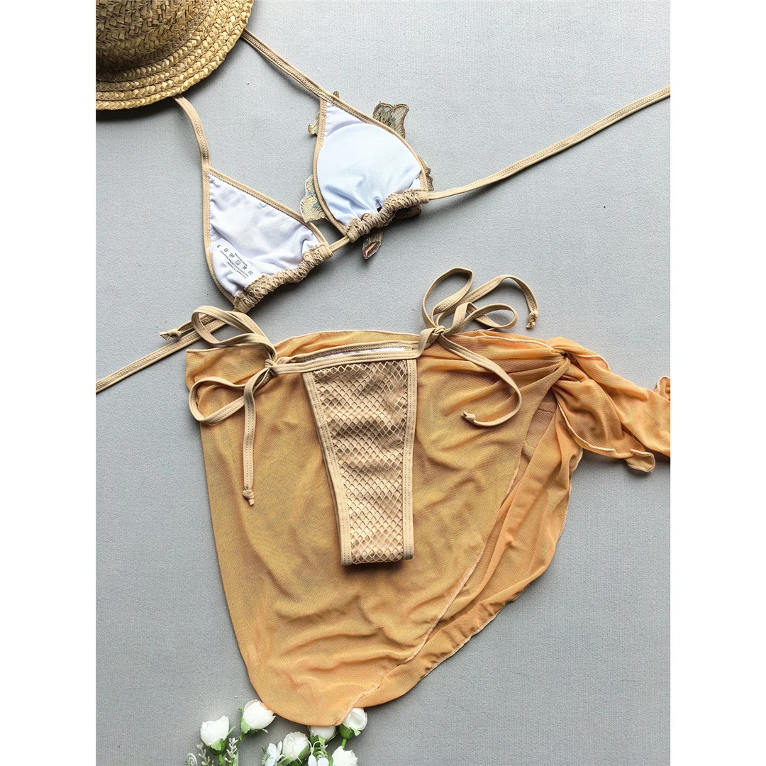 Mit Sarong-Blumenmuster, Neckholder-Bikini, Damen-Badebekleidung, dreiteiliges Bikini-Set, Badeanzug, Badebekleidung, Schwimmbekleidung V7286 – Detail 3
