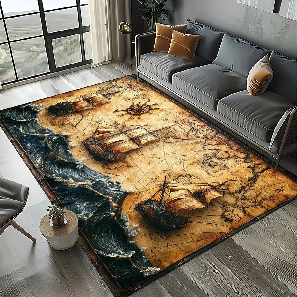 Vintage Nautical Map Rug with Sailing Ships Compass Retro Ocean Adventure Carpet Soft Durable Living Room Floor Decor