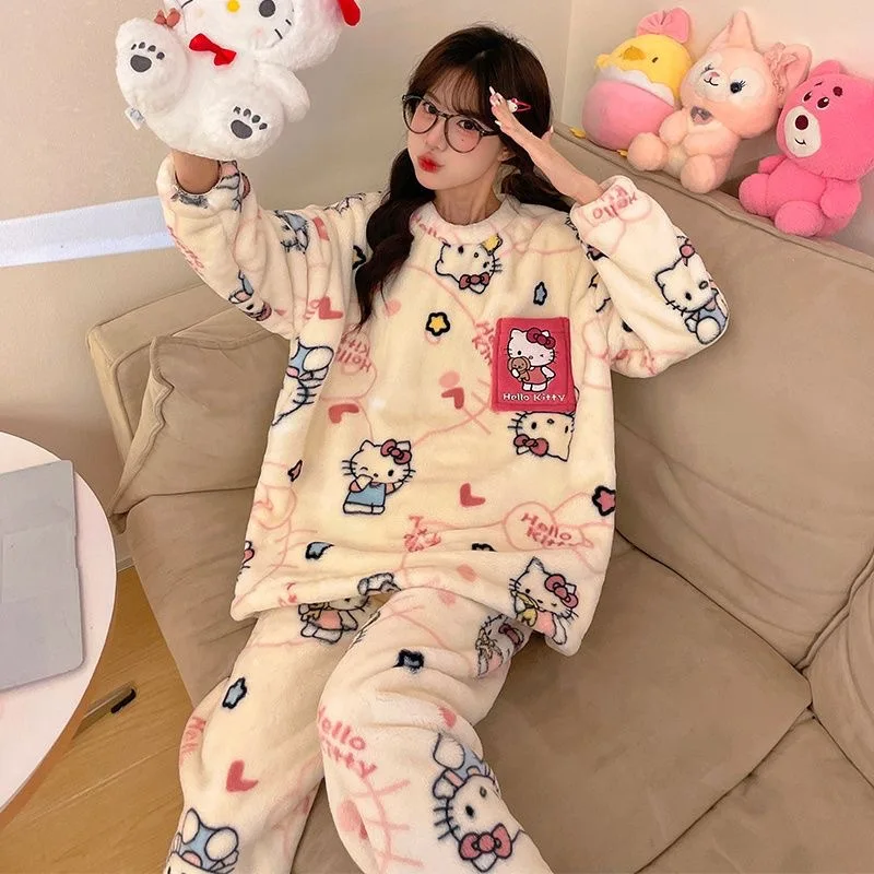 2024 New Hello Kitty Fall/winter Pajamas Suit Sanrio Coral Velvet Striped Pajamas Set Woman Flannel Plus Size Home Dress