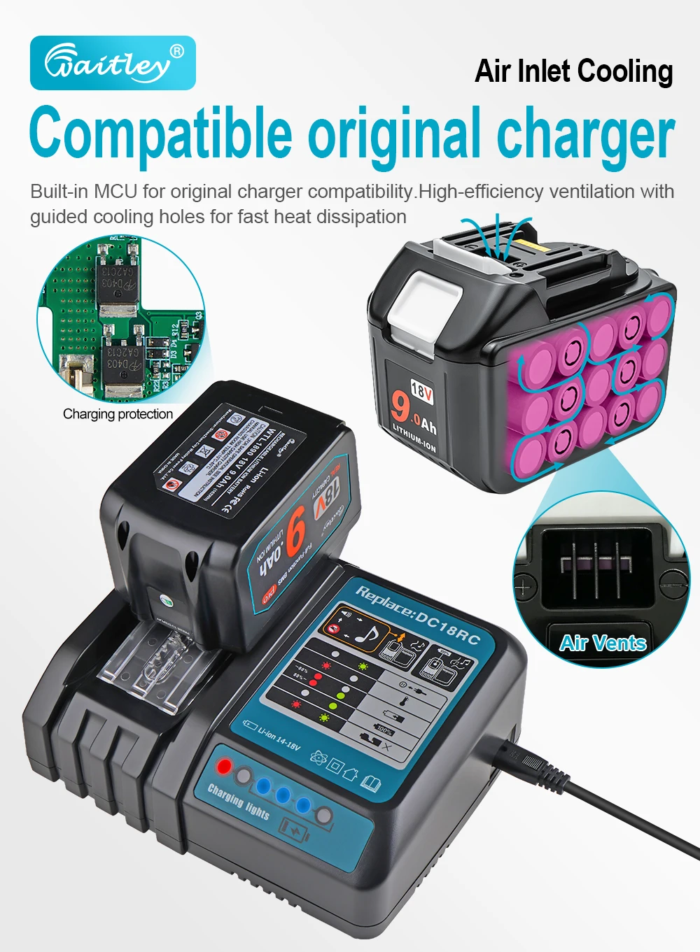 2PCS Waitley 9Ah Batterie Pro Für Makita 18V Power Tools Wiederaufladbare batterien Mit Samsung zellen/Ersatz Zubehör – Detail 7