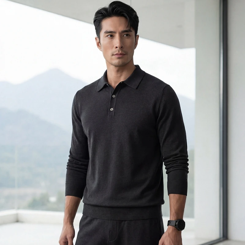 Business casual men's clothing machine washable 100% pure cashmere Worsted sweater fashion POLO collar pullover sweater spring..