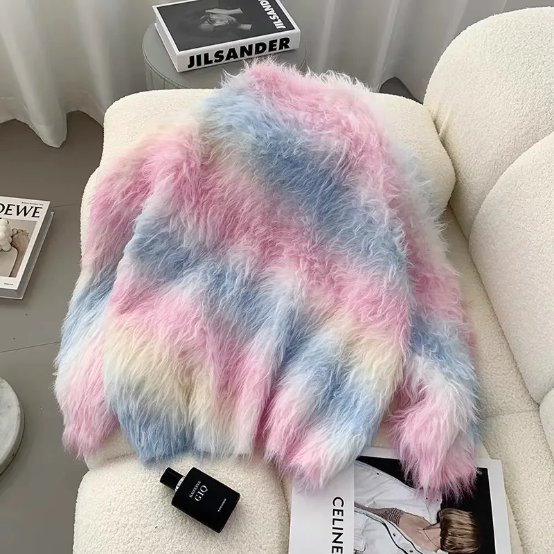 Rainbow Gradient Color Striped Mink Cashmere Sweater Coat Mohair Knitted Cardigan Diamonds Buttons Autumn Winter Knitwear Tops