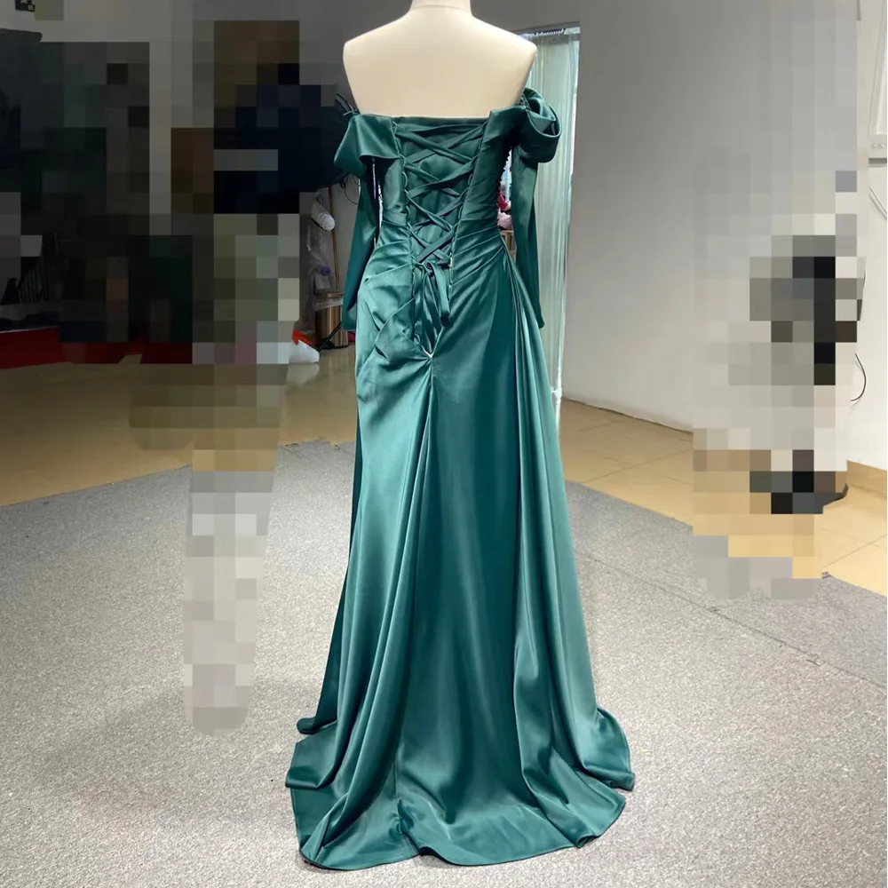 Abito da sera verde senza spalline con maniche lunghe, allacciatura sul retro, cristalli, drappeggiato, personalizzabile 2026