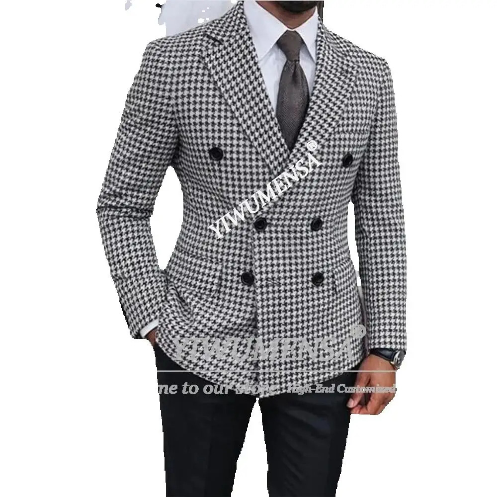 Classic Houndstooth Retro Suits Men 2 Piece Sets Double Breasted Jacket Pants Customized Man Banquet Attires Groom Tuxedos 2026