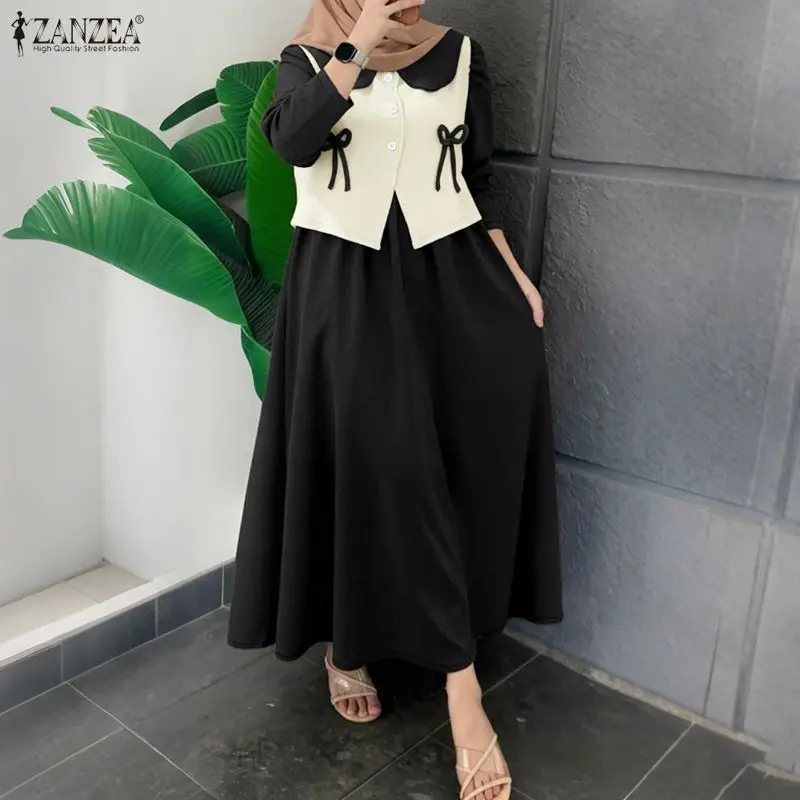 

Модное мусульманское платье-абайя ZANZEA для женщин: весеннее, с пэчворком, элегантное, с отложным воротником, длинными рукавами, исламская роба для Рамадана