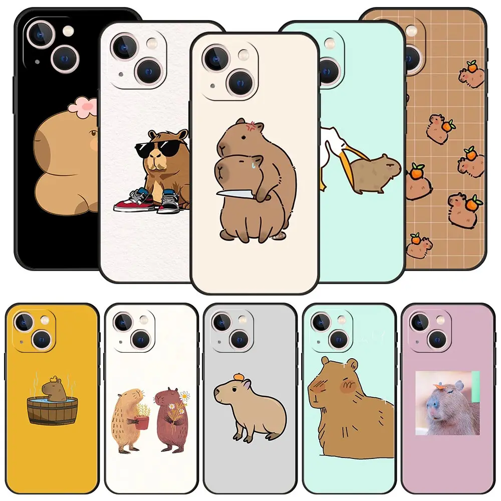 

Cartoon Capybara Luxury Phone Case For iPhone 15 13 14 12 11 Pro MAX XR X SE XS 7 8 Plus Soft Silicone Black Protection Cover