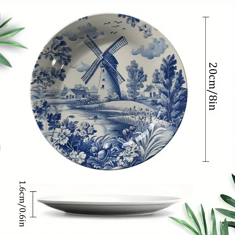 1pc Dutch Windmill Ceramic Wall Plate - Vintage European Windmill Relief Round Dutch Barn Door Decor, Ceramic Hanging Plate for
