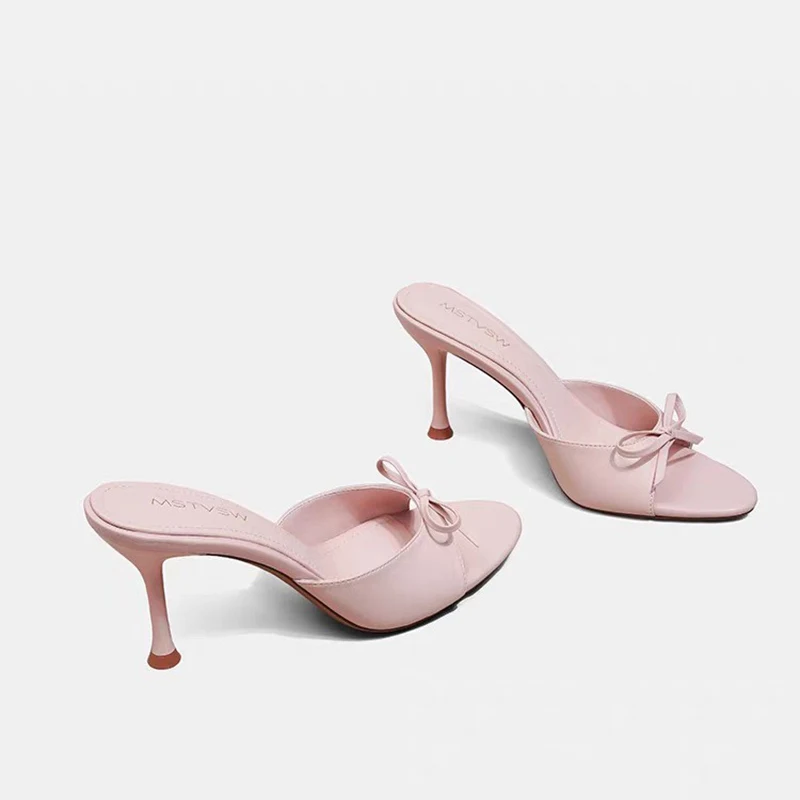 Elegant Pink Bowknot Thin Heel Sandals Women's Outdoor Wear Open Toe High Heels Fashionable Korean Style Slip-On Shoes