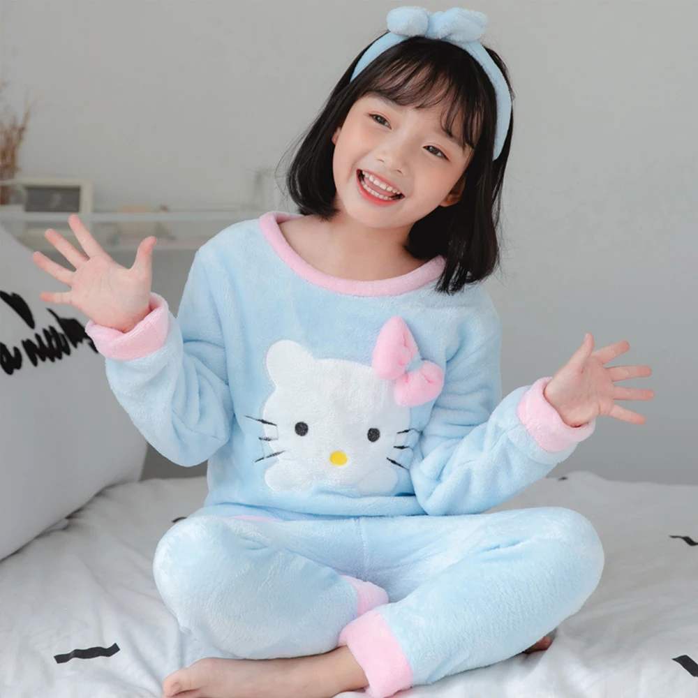 Cartoon Hello Kitty Children Flannel Pajamas Kawaii Anime Sanrioed Girls Spring Autumn Cartoon Coral Velvet Home Warm Clothes