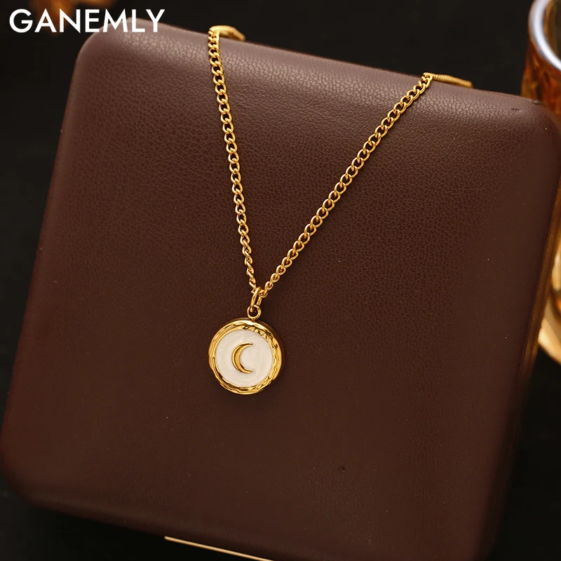 

GANEMLY 316L Stainless Steel Exquisite Round Moon Pendant Necklace Popular Chic Collar Neck Chain Waterproof Jewelry for Women