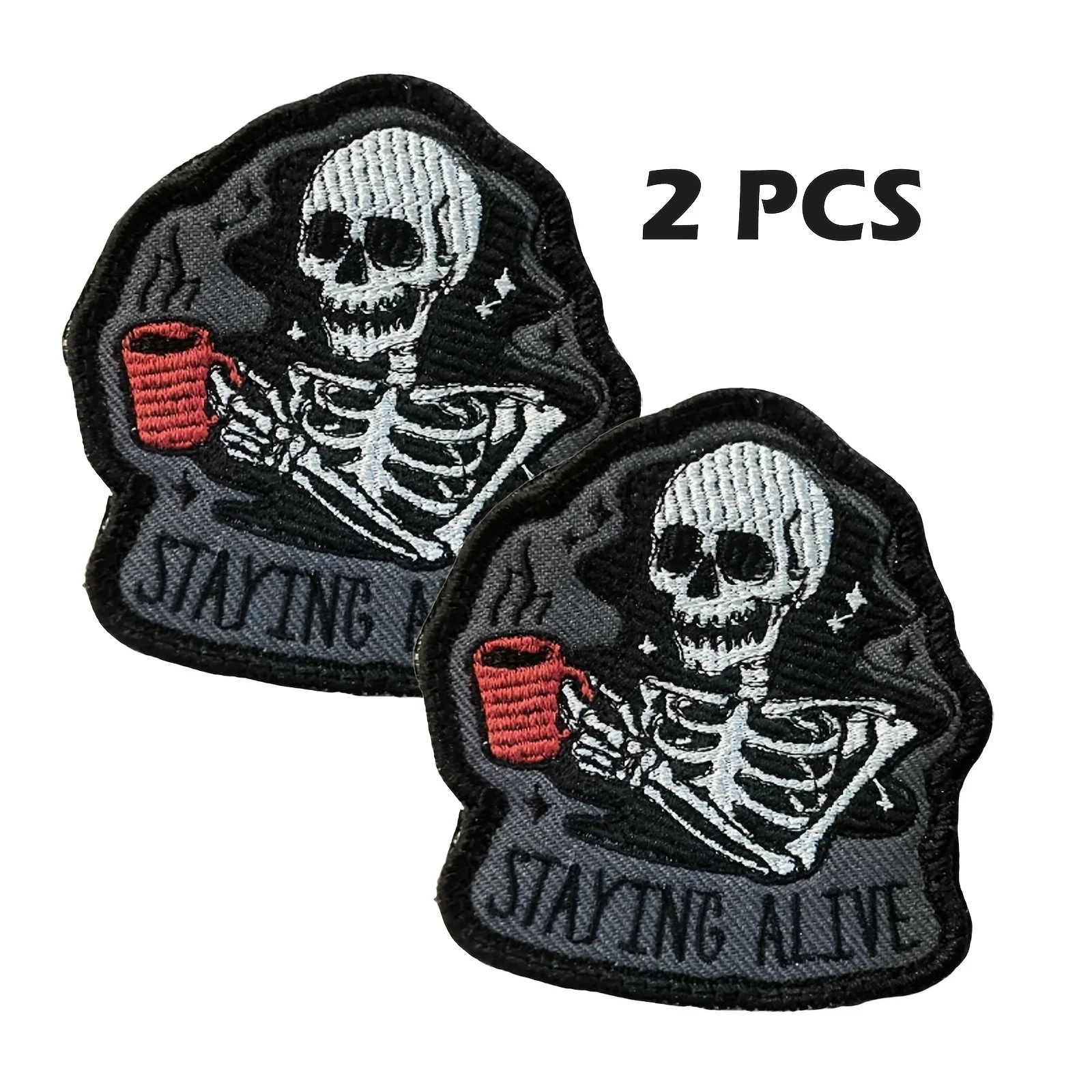 Lot de 2 patchs tactiques brodés auto-agrippants amusants 'Stay Alive' et 'Café et Crâne' pour sacs tactiques, gilets et chapeaux