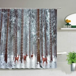 Winter Forest Landscape Shower Curtain Deer Snow Scene Scenery Bathroom Decor Waterproof Fabric Bathroom Screen Bath Curtains