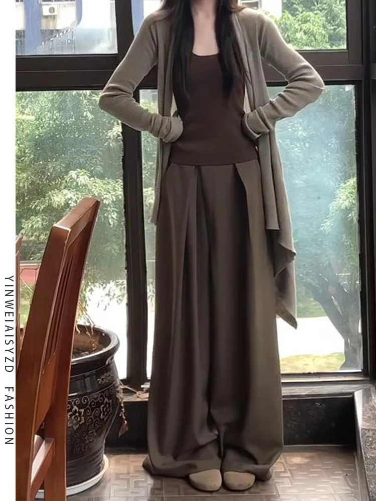 Extended 80cm Tall Women's Wide Leg Pants Pleated Loose Fit Floor Length Casual Straight Cut High Waist Skinnifng Effect