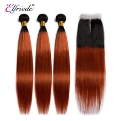 Elfriede T1B/350 Straight Ombre Color Hair Bundles with Closure Brazilian Remy Human Hair Wefts 3 Bundles with Lace Closure 4x4