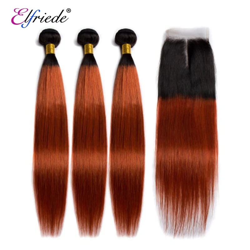 Elfriede T1B/350 Straight Ombre Color Hair Bundles with Closure Brazilian Remy Human Hair Wefts 3 Bundles with Lace Closure 4x4