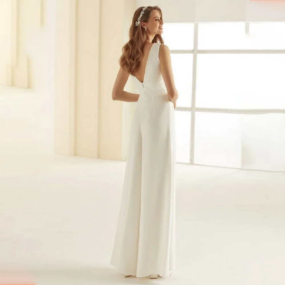 Wedding Jumpsuit Dress V-Neck Simple Floor-Length Pantsuit Gown for Bride Party Banquet Prom Cocktail Party