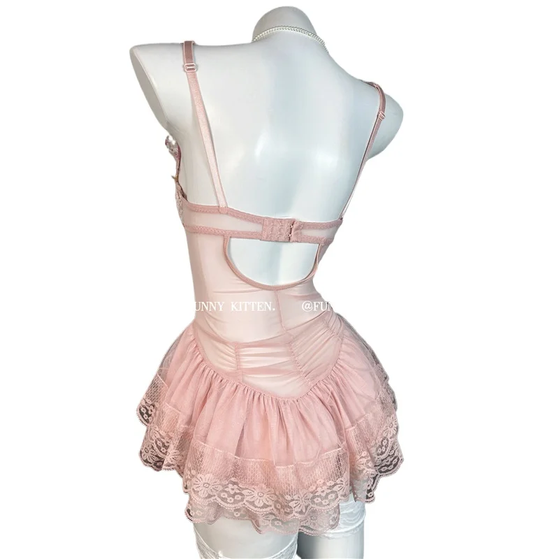 Comfortable Breathable Skirt Ode To Spring Fog, Pure Lace Floral Suspender Pajamas Women's Chest Pads Gathering Skinny Pajamas