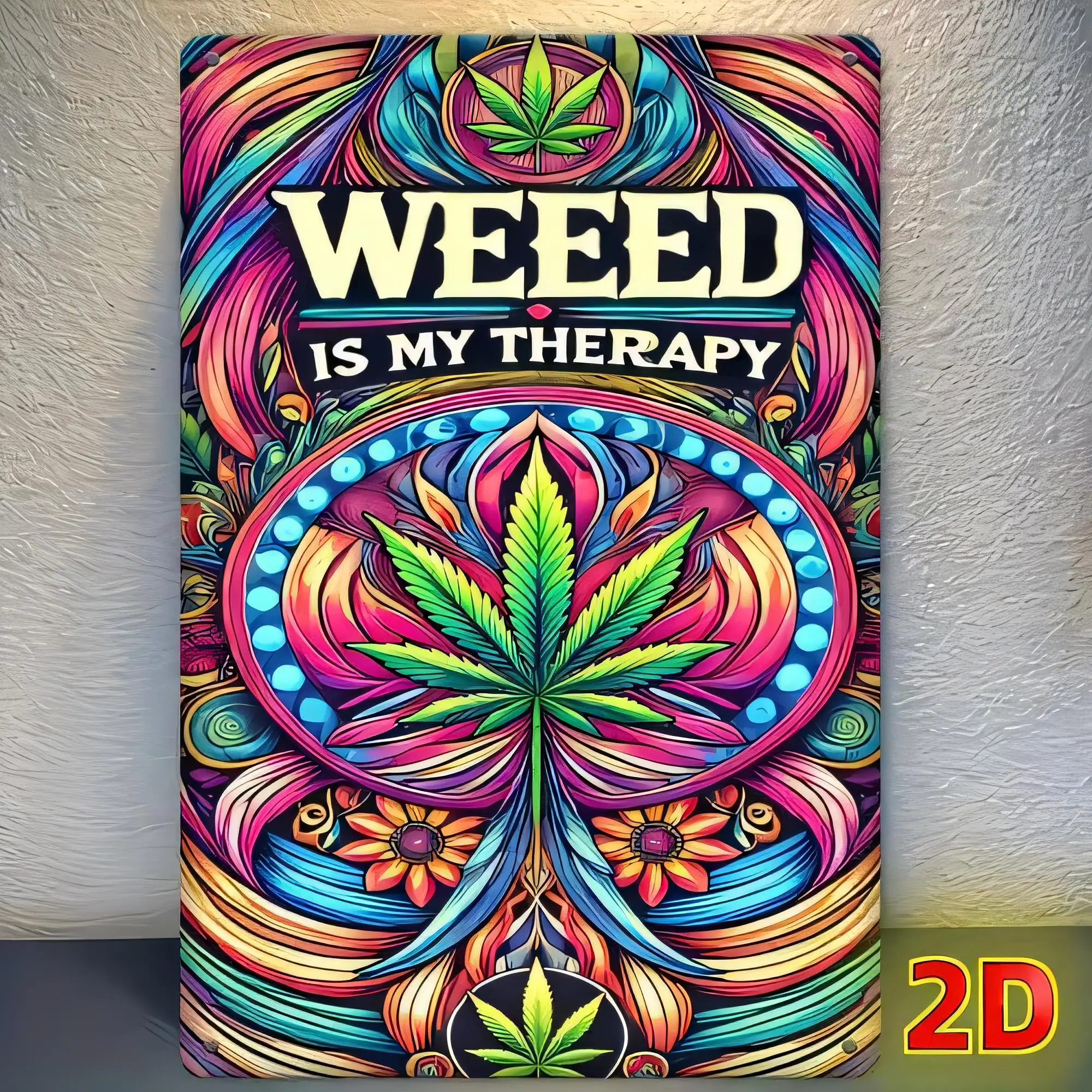 Tin Sign Weed Is My Therapy Psychedelic Leaf Wall Art 2D Retro Vintage Metal Plaque for Man Cave Bar Garage Home Décor Gift Post