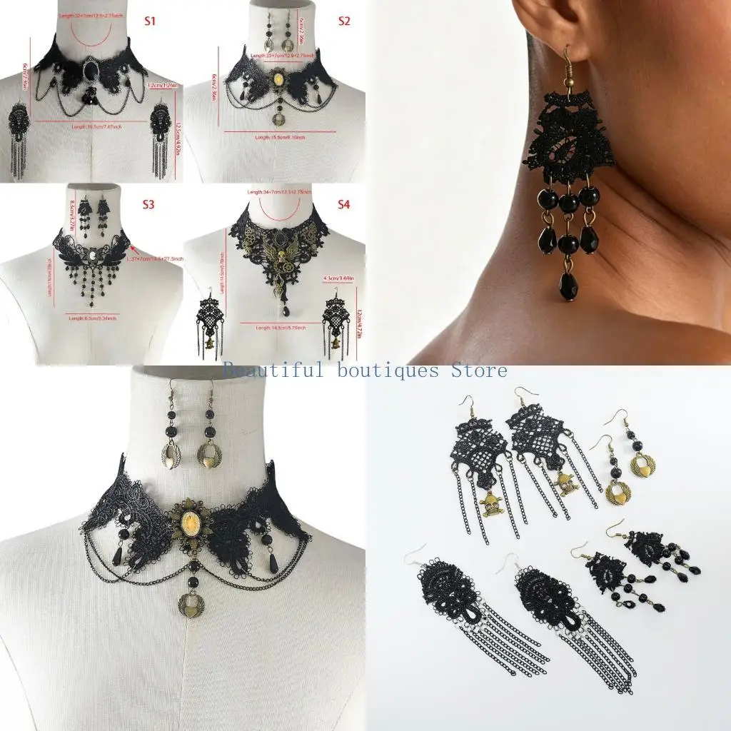 U4LF Party Ready Gothic Jewelry Set with Lace Collar, Coordinated Earrings and Pendant Chain Detail for Festival Styling