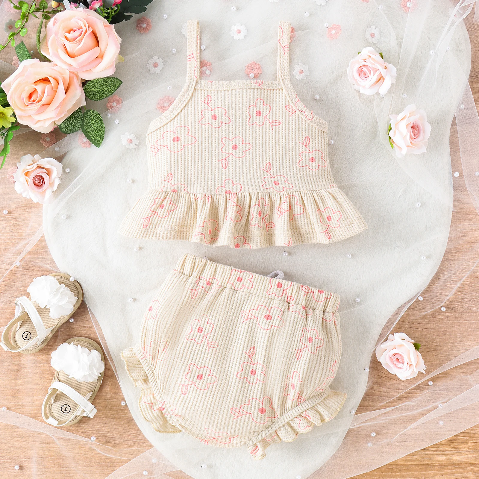 2PCS Summer Baby Girls Casual Soft Comfortable Beautiful Apricot Waffle Print Suspenders + Shorts Cool Suit