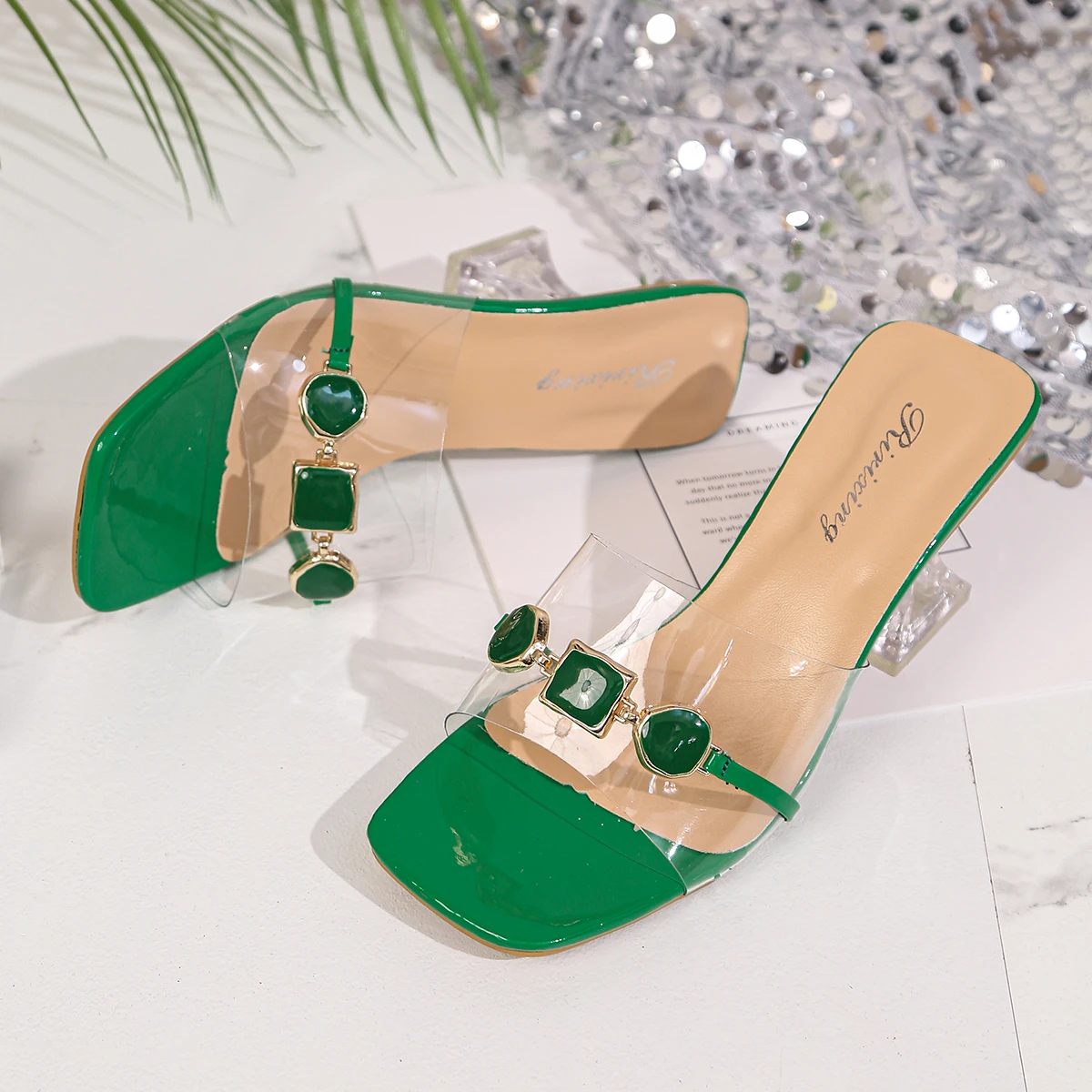 Women\'s Slippers Summer New High Heels Square Head Open Toe Simple Sandals Casual Fashion Temperament Crystal Slippers