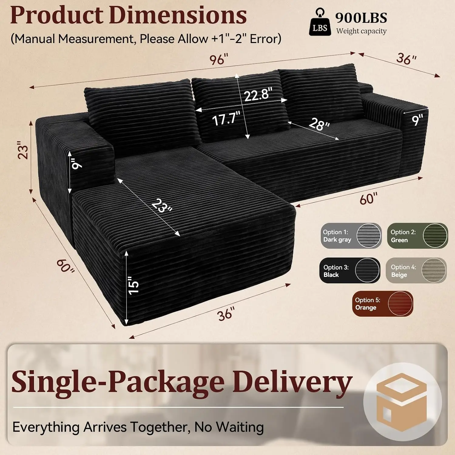 Cloud Modular Sectional Sofa L Shaped Corduroy Couch 96