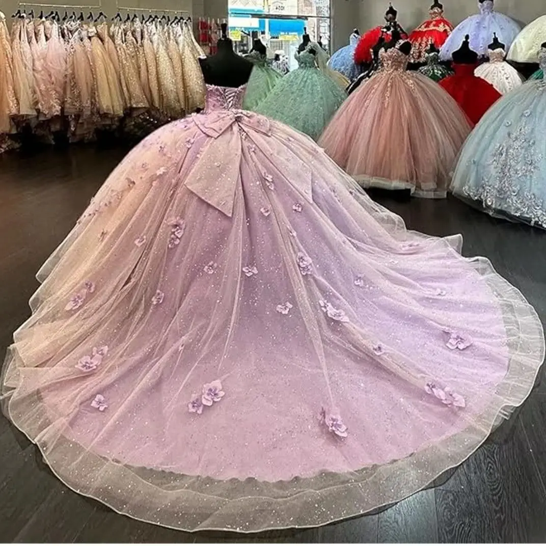 Lorencia 2023 сиреневые платья Quinceanera Цветочная аппликация кружева ручной работы Цветы Бисероплетение милое 16 платья для XV лет YQD323