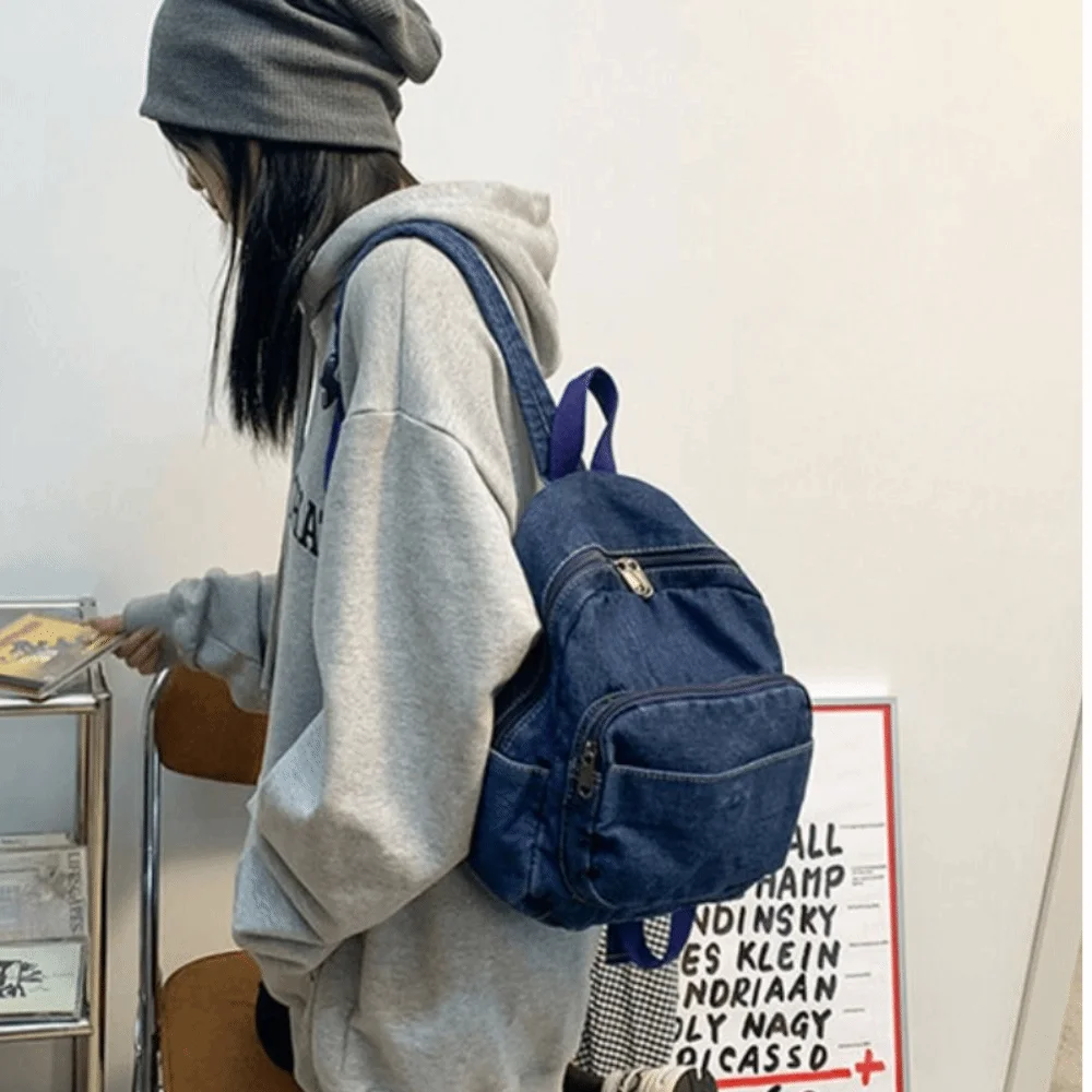 حقيبة ظهر محمولة من قماش الدنيم Y2K على طراز الشارع بسعة كبيرة حقيبة يد كلاسيكية على الطراز الياباني بلون سادة حقيبة كروس صلبة في الهواء الطلق