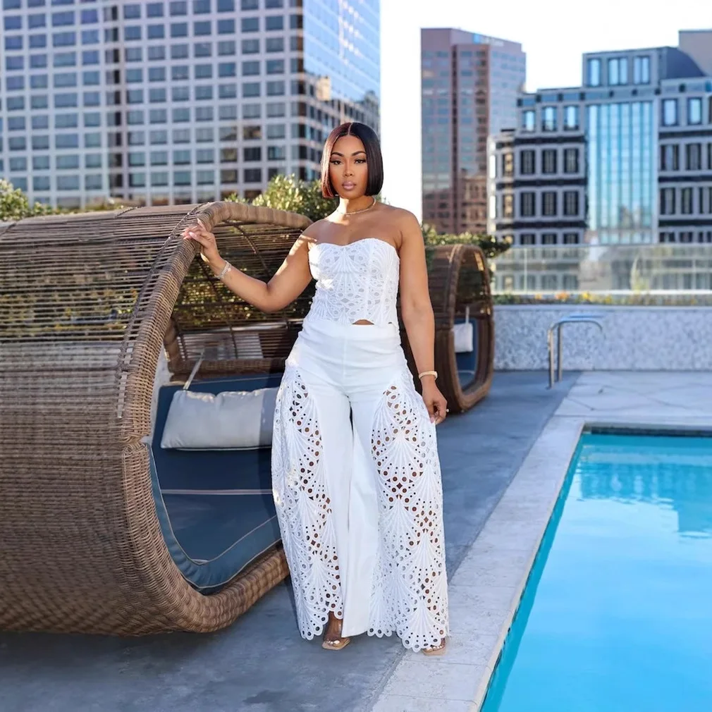 

DSMTRC Elegant Hollow Out Lace Breast Croset Tube Top And Wide Legs Pants Sets Womens Lace Tracksuits Sexy Clubwear Palazzo Suit