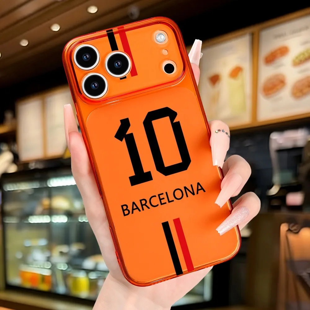 Funda para Teléfono iPhone 11 12 13 Pro 14 15 16 17 Pro Max X XS XR 7 8 SE con Diseño del Jersey Número 10 de Barcelona en Naranja Esmerilado, Carcasa TPU Antigolpes