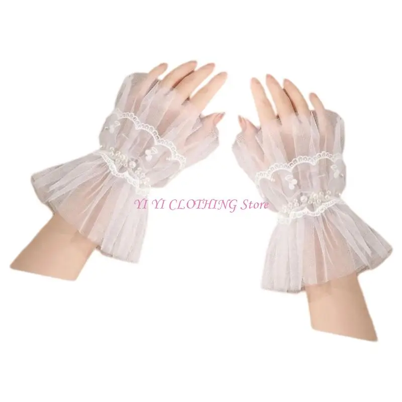 N5KF Classical Lace Faux Sleeves Pearls Decors Arm Cover Ruffle Wrist Cuffs Sleeves For Various Outfit And Occasion Dressingup