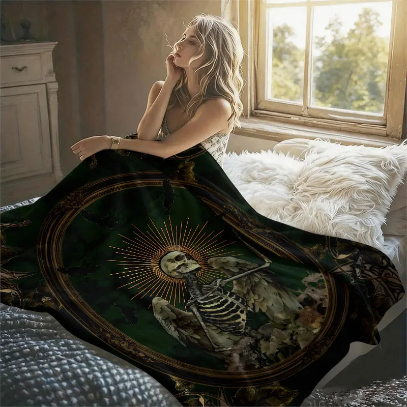 Skeleton Angel Frame Gothic Flannel Blanket Perfect for Sofa Office Bed Travel Sleep Read Relax Camping Four Season Use