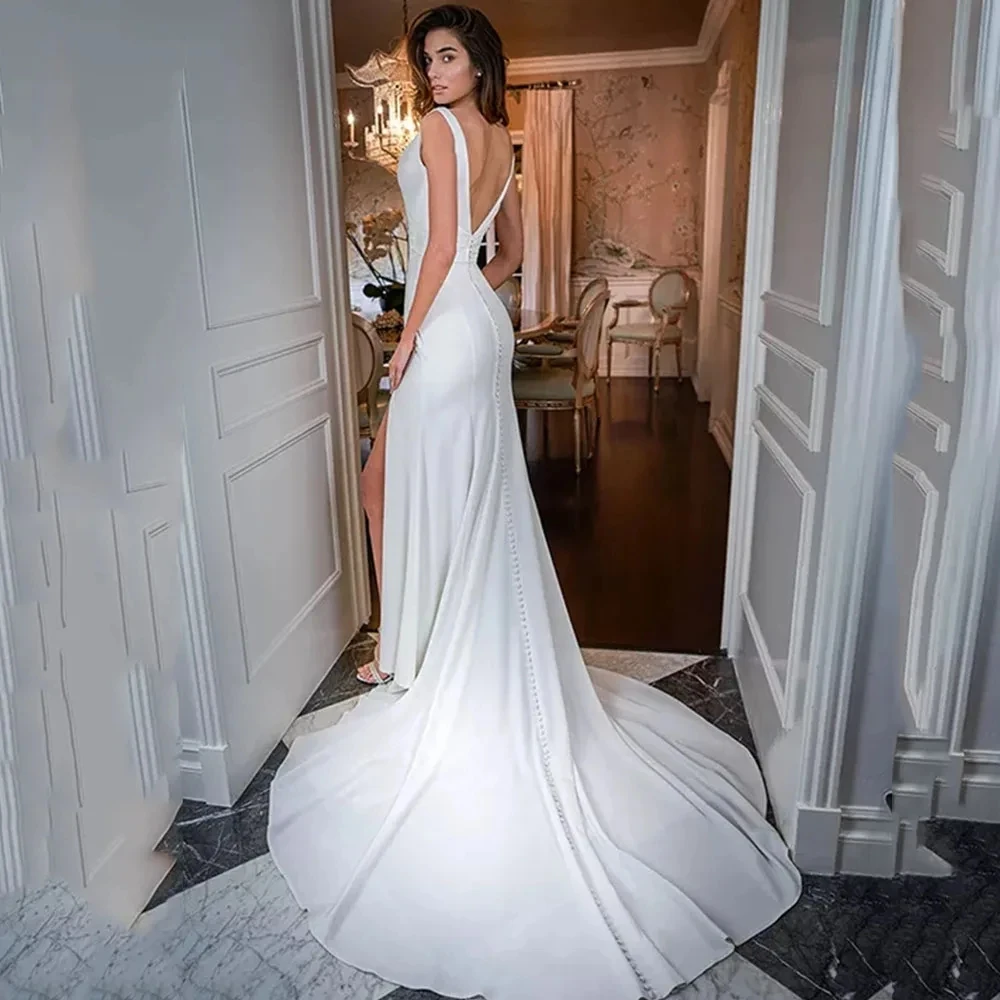 Wedding Dresses With Side Split Sleeveless Pleats Simple Sheath Bride Gown Backless Button Vestido De Gown Backless Bridal Dress
