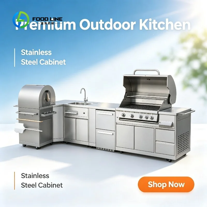 Customized Outdoor Kitchen Suite 304 Stainless Steel Modular Cabinets with Pizza Oven BBQ Grill Sink Cabinet for Villa