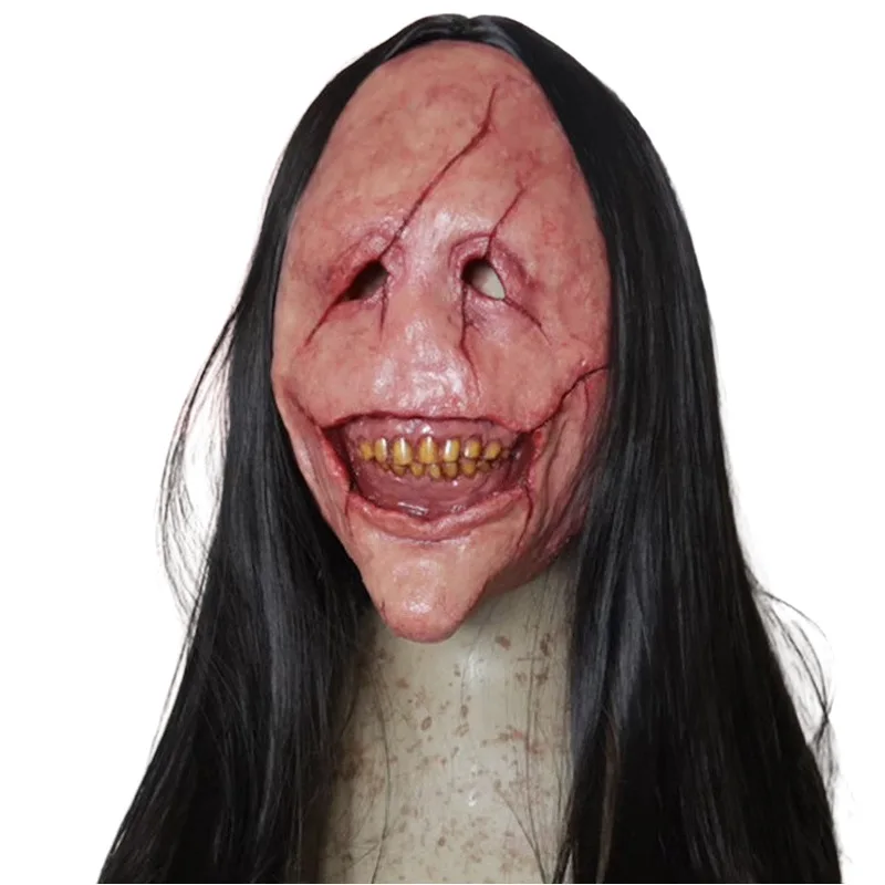 

Halloween latex horror long-haired devil mask, red-faced mask with exposed teeth, terrifying mask, carnival party props Carnival