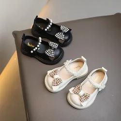 Korean Style Girls Shoes with Bow-knot Houndstooth Fashion Princess Kids Mary Janes Kindergarten Child Flats for Wedding Party