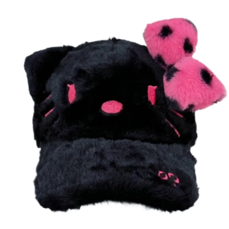 Cute Hello Kitty Black Pink Leopard Print Bow Plush Baseball Cap Abby Sweet Cool Y2k 53-60cm Adjustable Warm Hat New Fall Winter