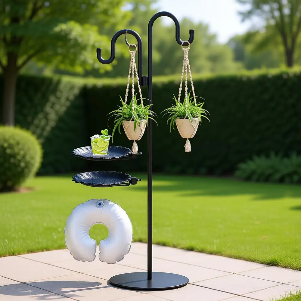 

74, регулируемая металлическая подставка для растений на открытом воздухе с кормушкой для птиц, колокольчиком и подвесными стойками для фонарей