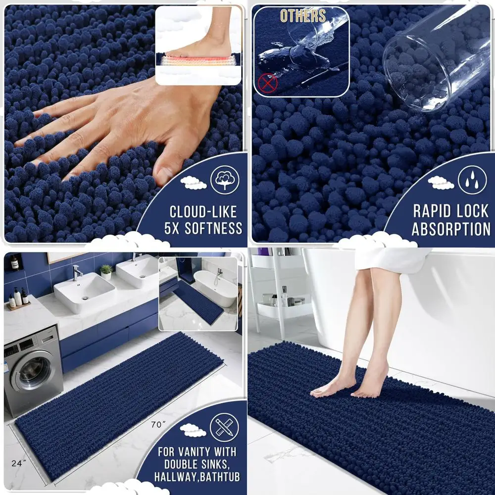 

Коврик для ванной из шенилла 70x24 дюйма - нескользящий, мягкий, впитывающий, моющийся, пушистый коврик для ванной комнаты, душа, декор в темно-синих тонах